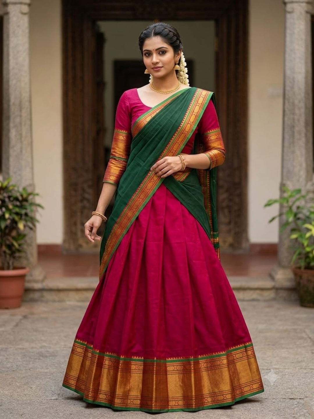 Handloom Narayanpet Cotton Half Saree | Fuchsia