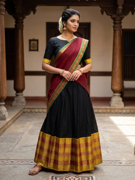 Handloom Narayanpet Cotton Half Saree | Black