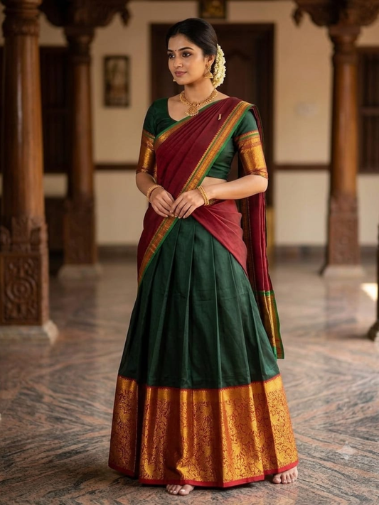 Handloom Narayanpet Cotton Half Saree | Bottle Green