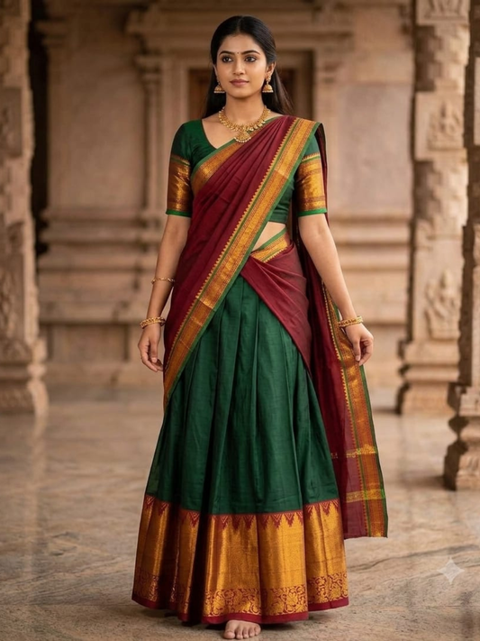 Handloom Narayanpet Cotton Half Saree | Bottle Green
