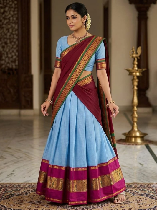 Handloom Narayanpet Cotton Half Saree | Sky Blue