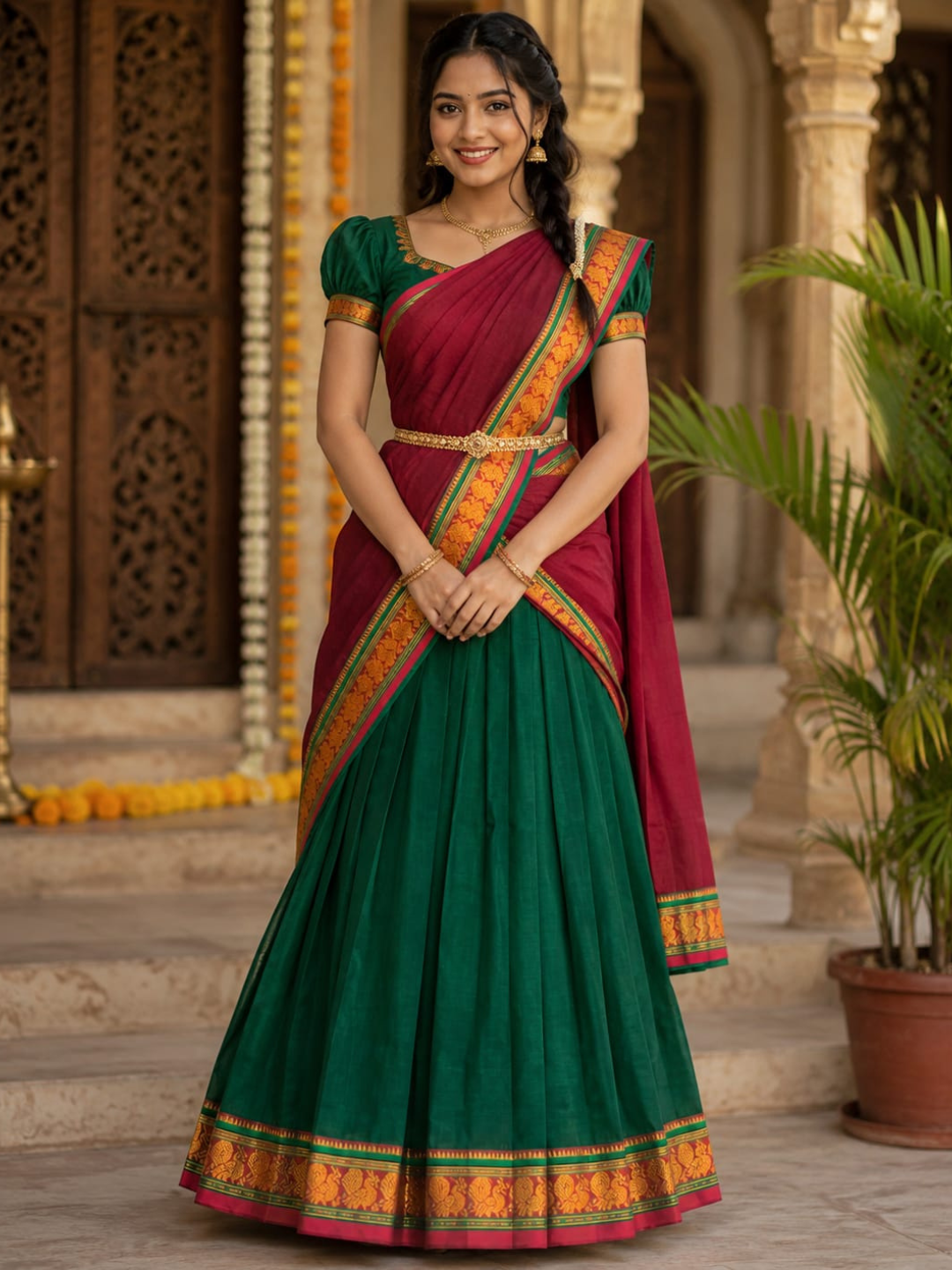 Handloom Narayanpet Cotton Half Saree | Emerald Green