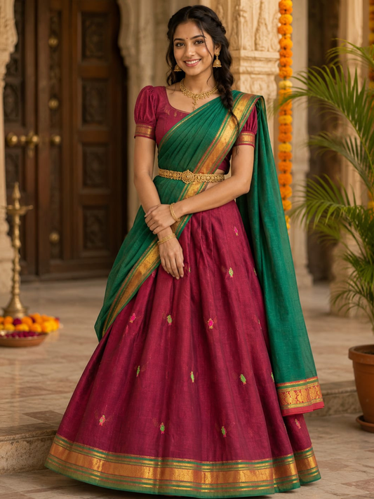 Handloom Narayanpet Cotton Half Saree | Wine Maroon