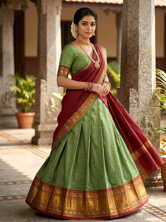 Handloom Narayanpet Cotton Half Saree | Olive Green