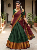 Handloom Narayanpet Cotton Half Saree | Dark Green