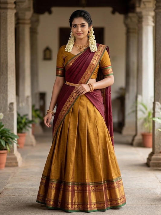 Handloom Narayanpet Cotton Half Saree | Mustard Gold