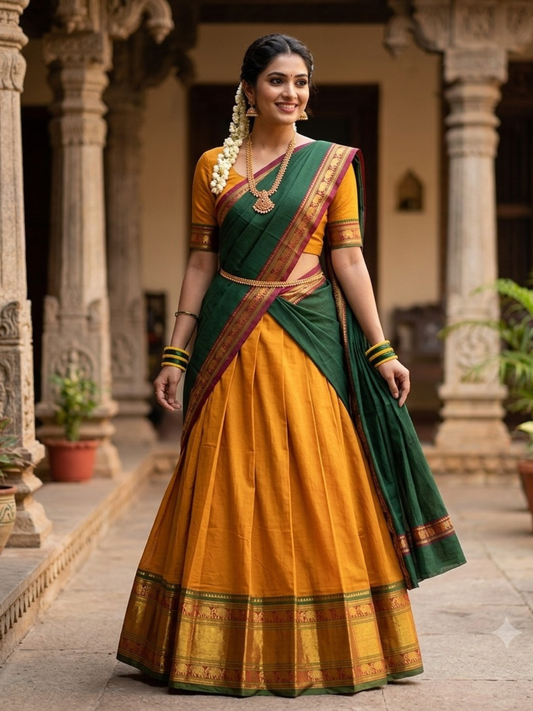 Handloom Narayanpet Cotton Half Saree | Mustard Gold