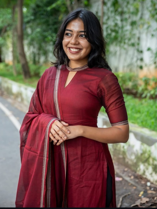Handloom Narayanpet Cotton Unstitched 2-Piece Kurti | Wine Maroon