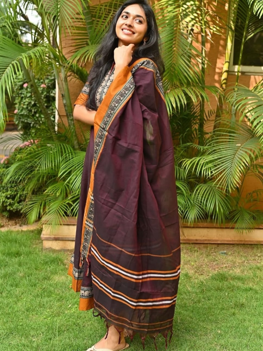 Handloom Narayanpet Cotton Unstitched 2-Piece Kurti | Deep Plum