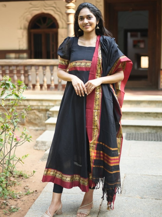 Handloom Narayanpet Cotton Unstitched 2-Piece Kurti | Black