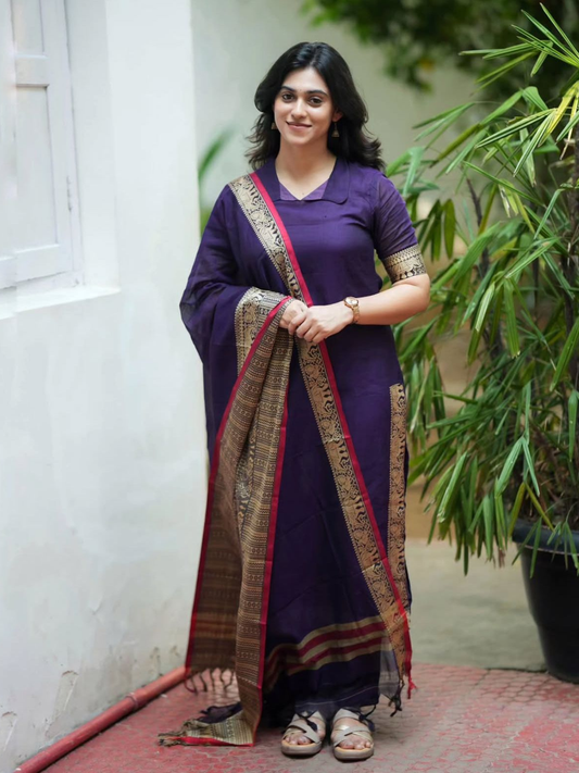 Handloom Narayanpet Cotton Unstitched 2-Piece Kurti | Deep Purple