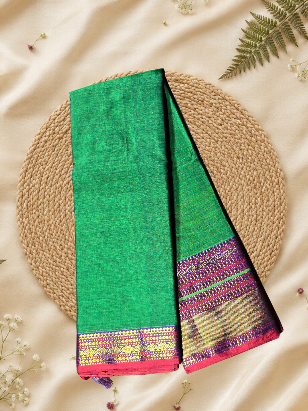 Handloom Narayanpet Cotton Saree | Grass Green