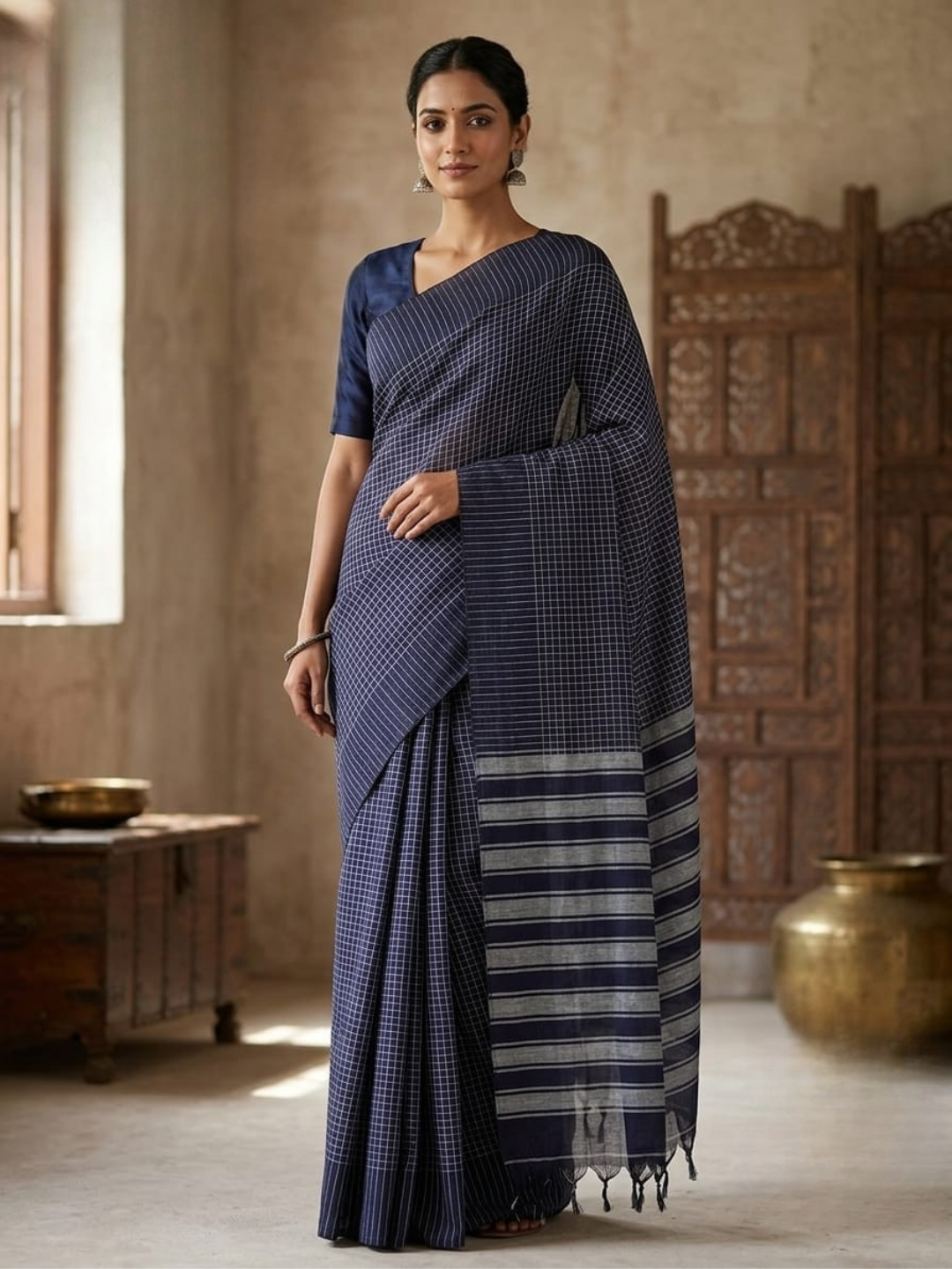 Handloom Narayanpet Cotton Saree | Navy Blue