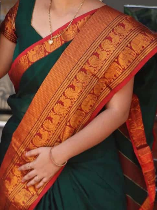Handloom Narayanpet Cotton Saree | Bottle Green