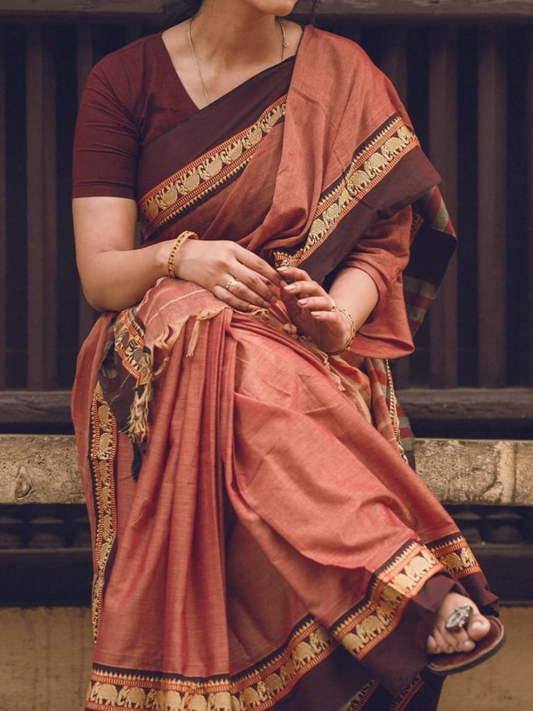 Handloom Narayanpet Cotton Saree | Terracotta Rust