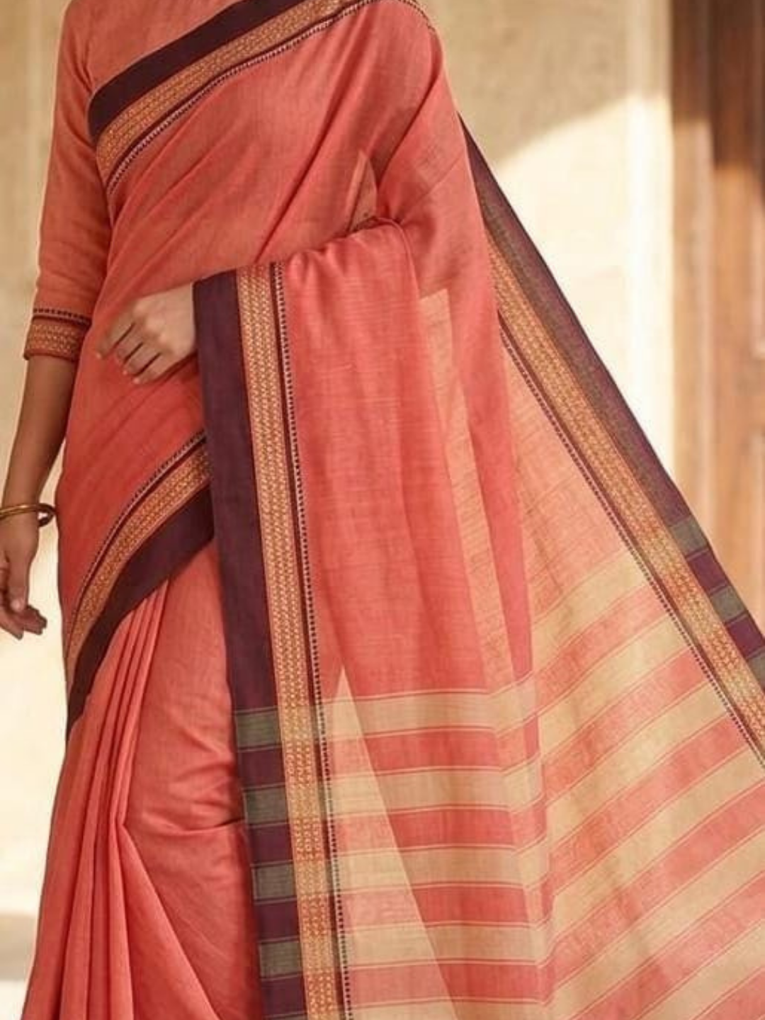 Handloom Narayanpet Cotton Saree | Coral Peach