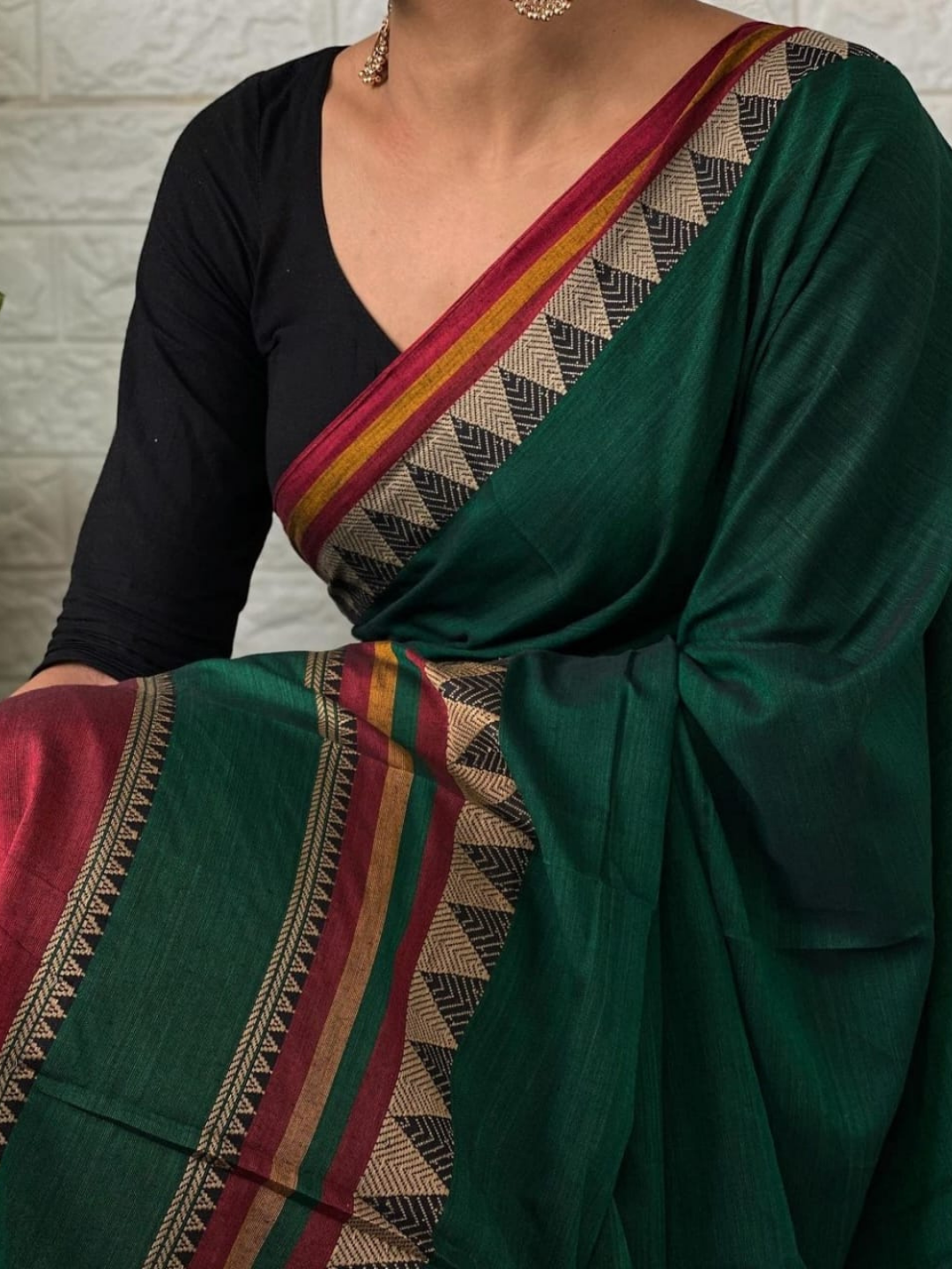 Handloom Narayanpet Cotton Saree | Bottle Green