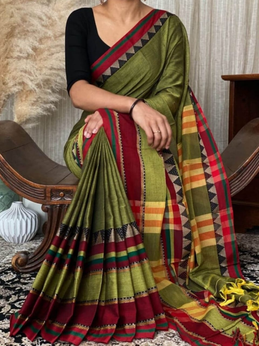Handloom Narayanpet Cotton Saree | Olive Green