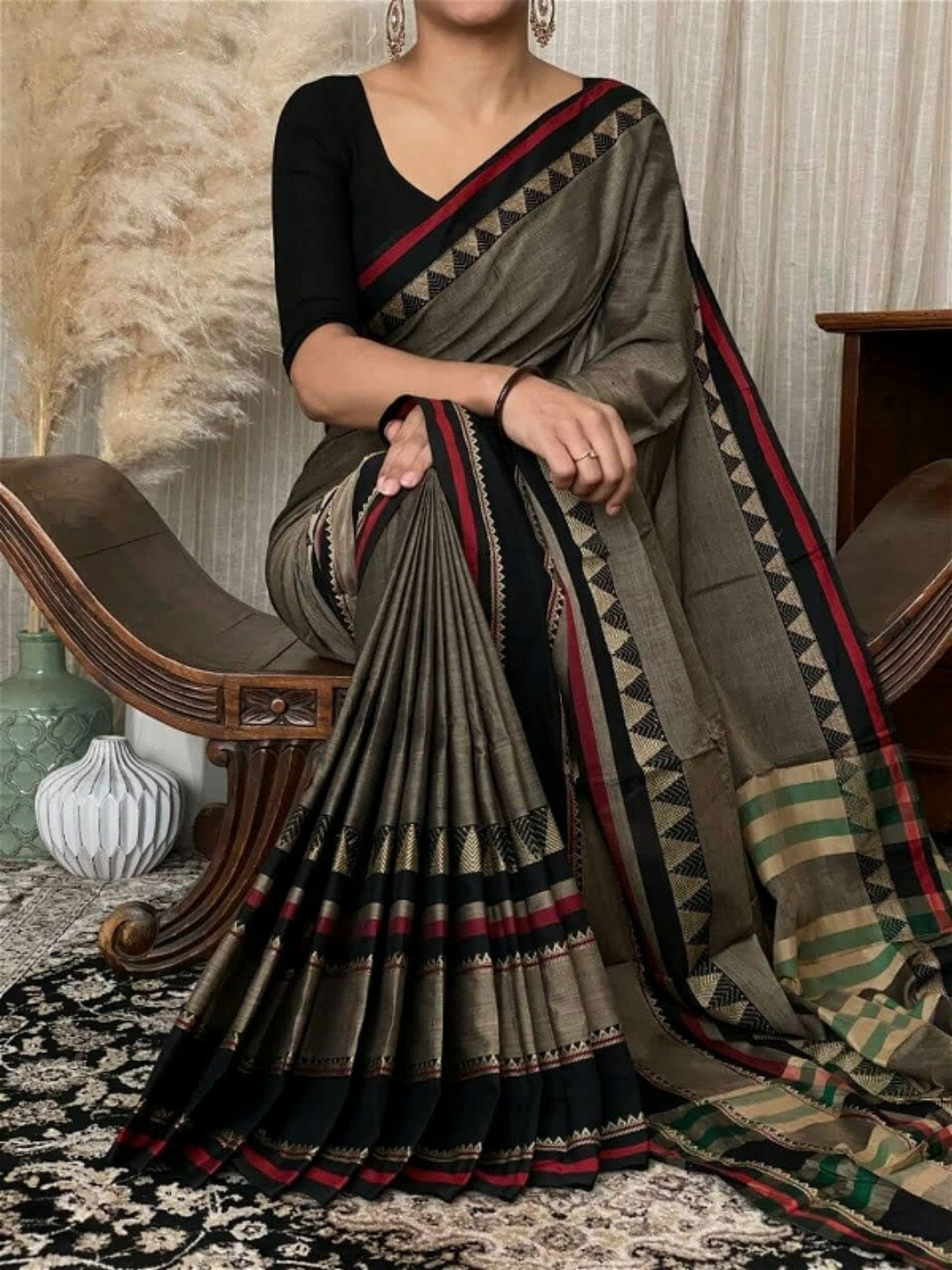 Handloom Narayanpet Cotton Saree | Taupe Olive Grey