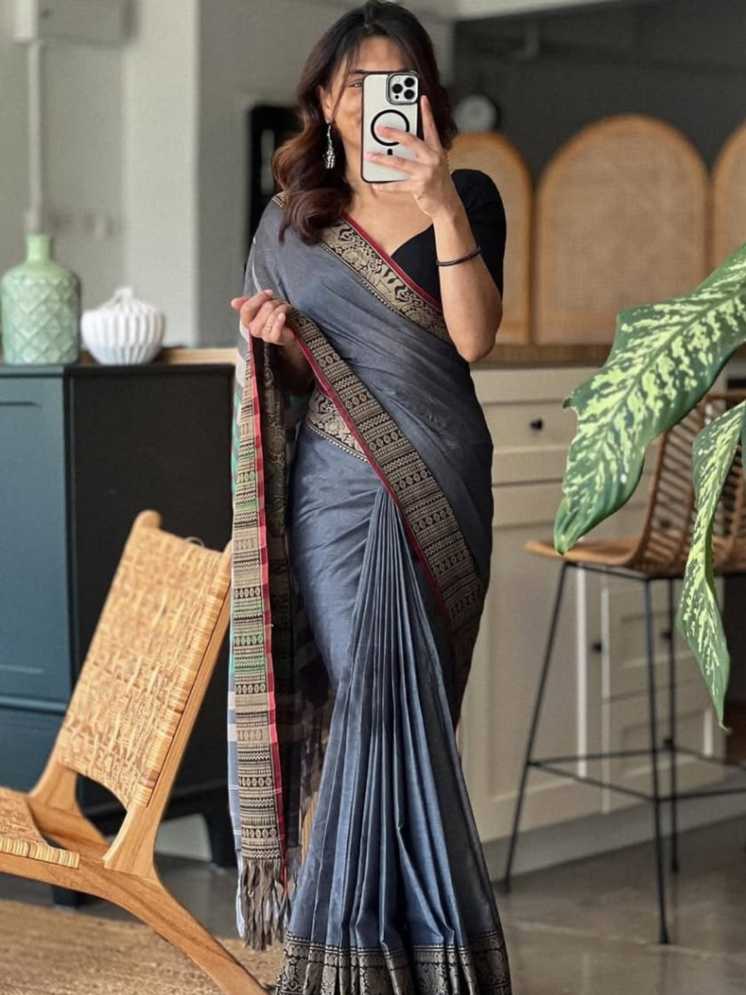 Handloom Narayanpet Cotton Saree | Charcoal Grey