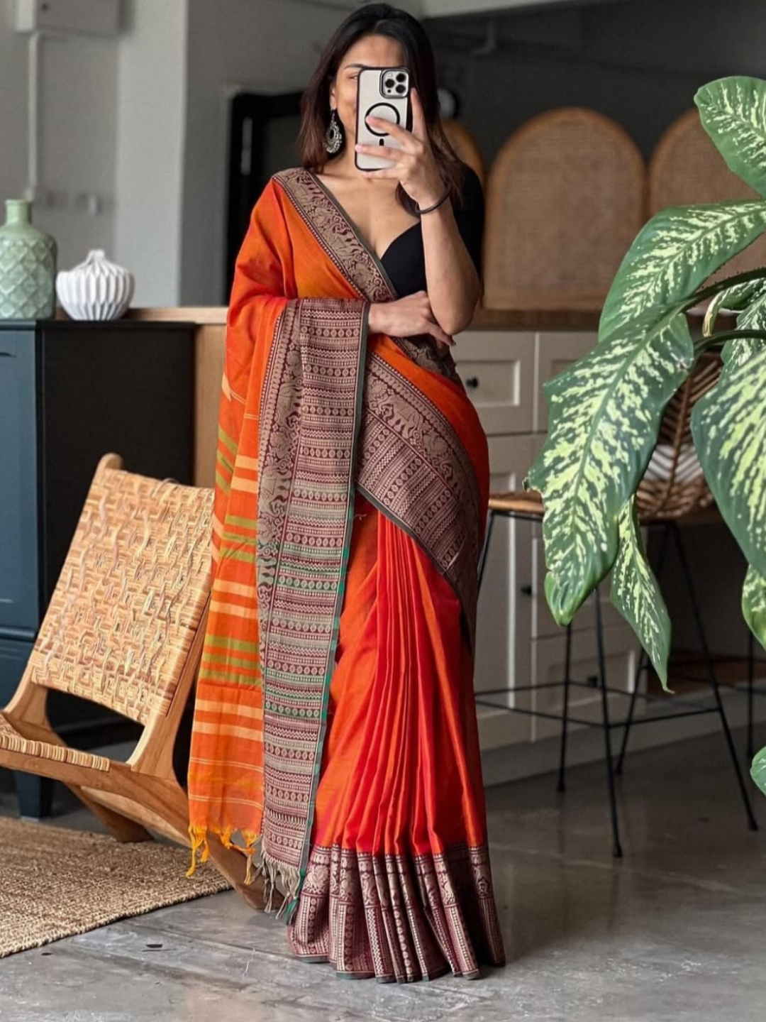 Handloom Narayanpet Cotton Saree | Orange Red