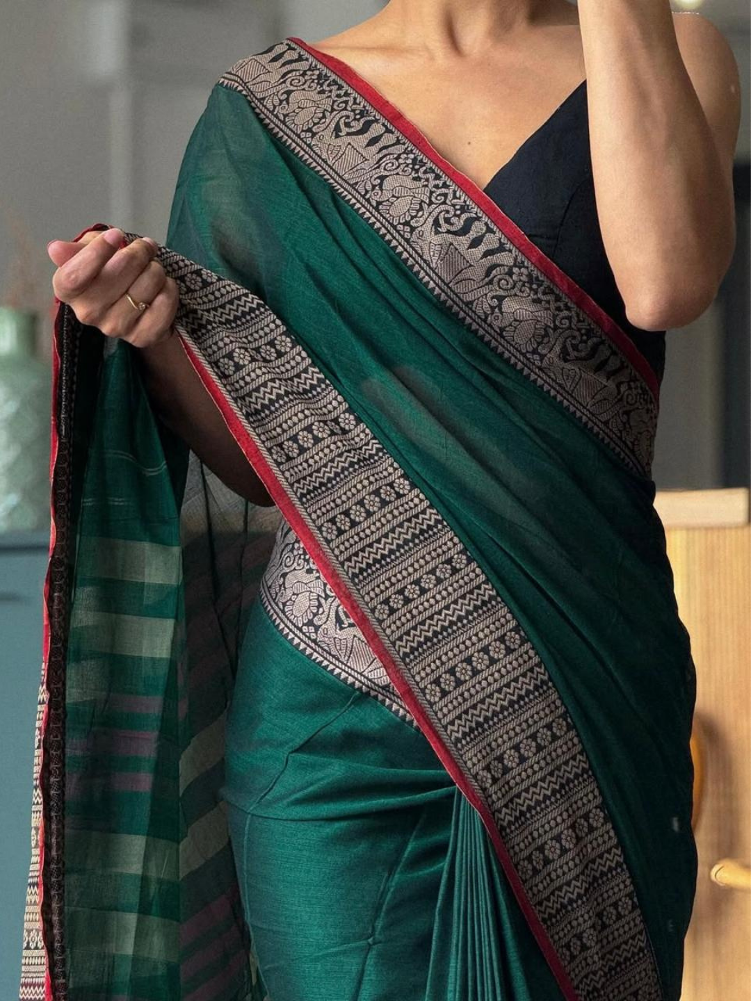 Handloom Narayanpet Cotton Saree | Bottle Green