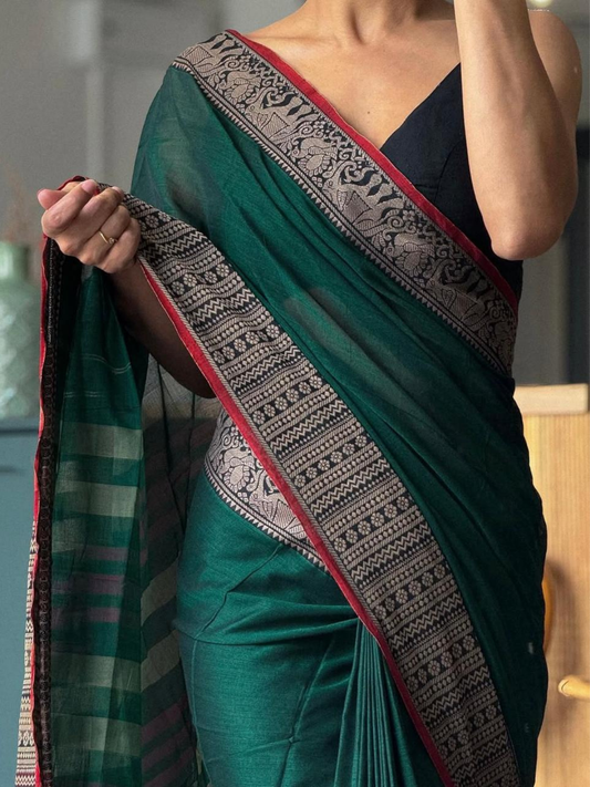 Handloom Narayanpet Cotton Saree | Bottle Green