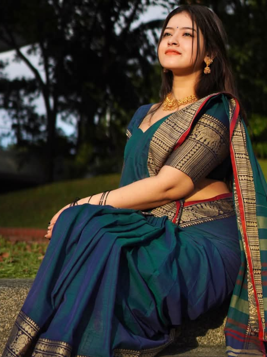Handloom Narayanpet Cotton Saree | Deep Teal