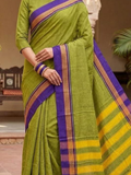 Handloom Narayanpet Cotton Saree | Lime Olive Green