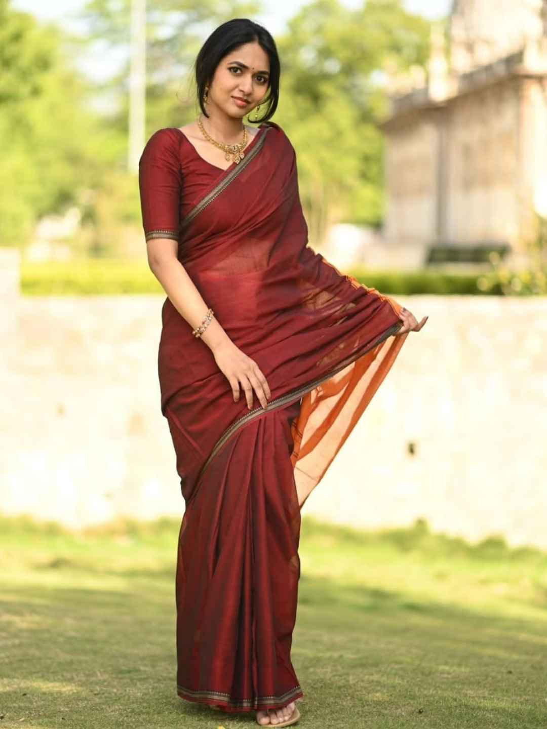 Handloom Narayanpet Cotton Saree | Rust Brown
