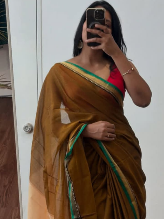 Handloom Narayanpet Cotton Saree | Olive Brown