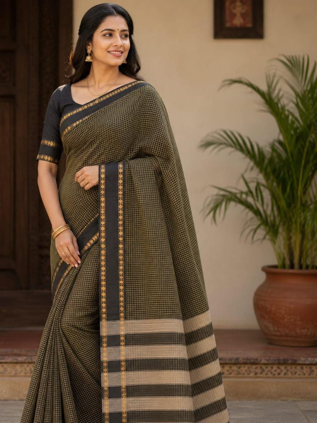Handloom Narayanpet Cotton Saree | Olive Charcoal