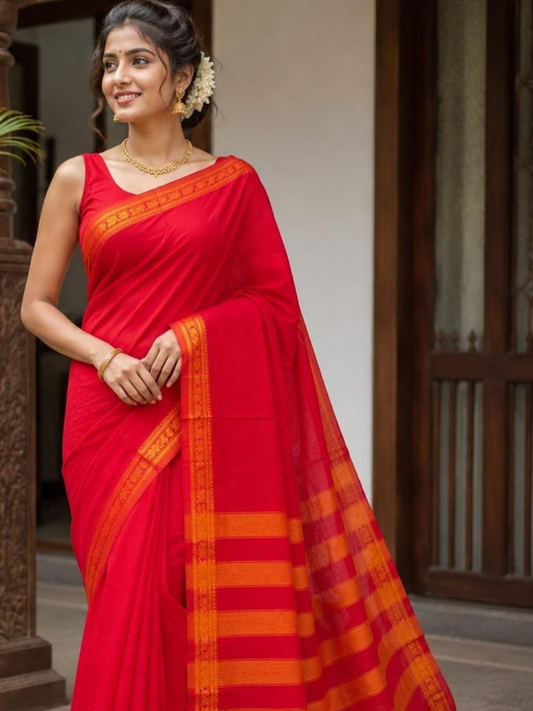 Handloom Narayanpet Cotton Saree | Bright Red
