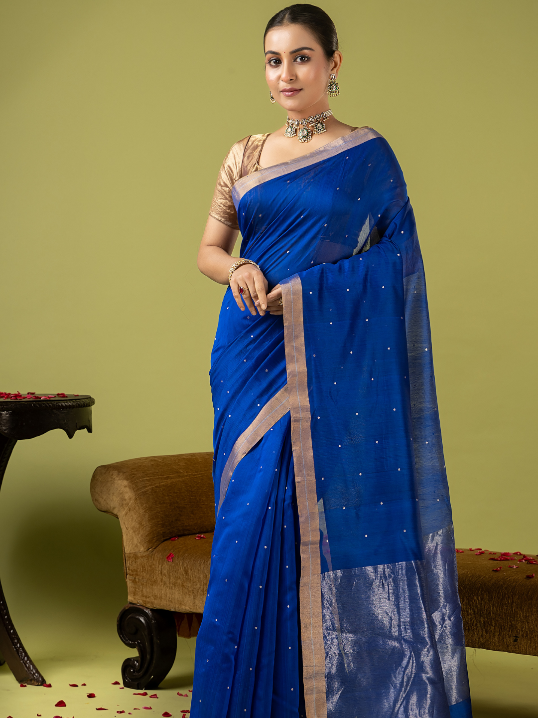 Handwoven Chanderi Silk Cotton Saree | Royal Blue