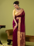 Handwoven Chanderi Silk Cotton Saree | Deep Wine