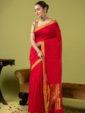 Handwoven Chanderi Silk Cotton Saree | Classic Red