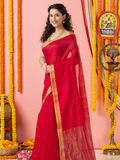 Handwoven Chanderi Silk Cotton Saree | Classic Red