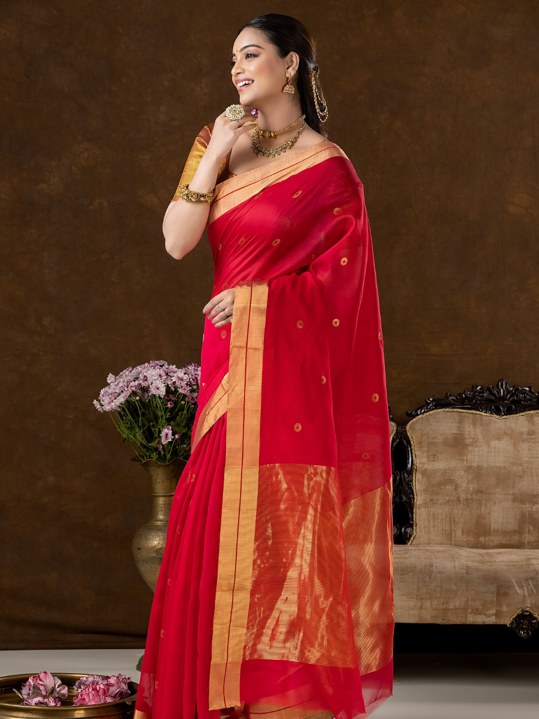 Handwoven Chanderi Silk Cotton Saree | Classic Red