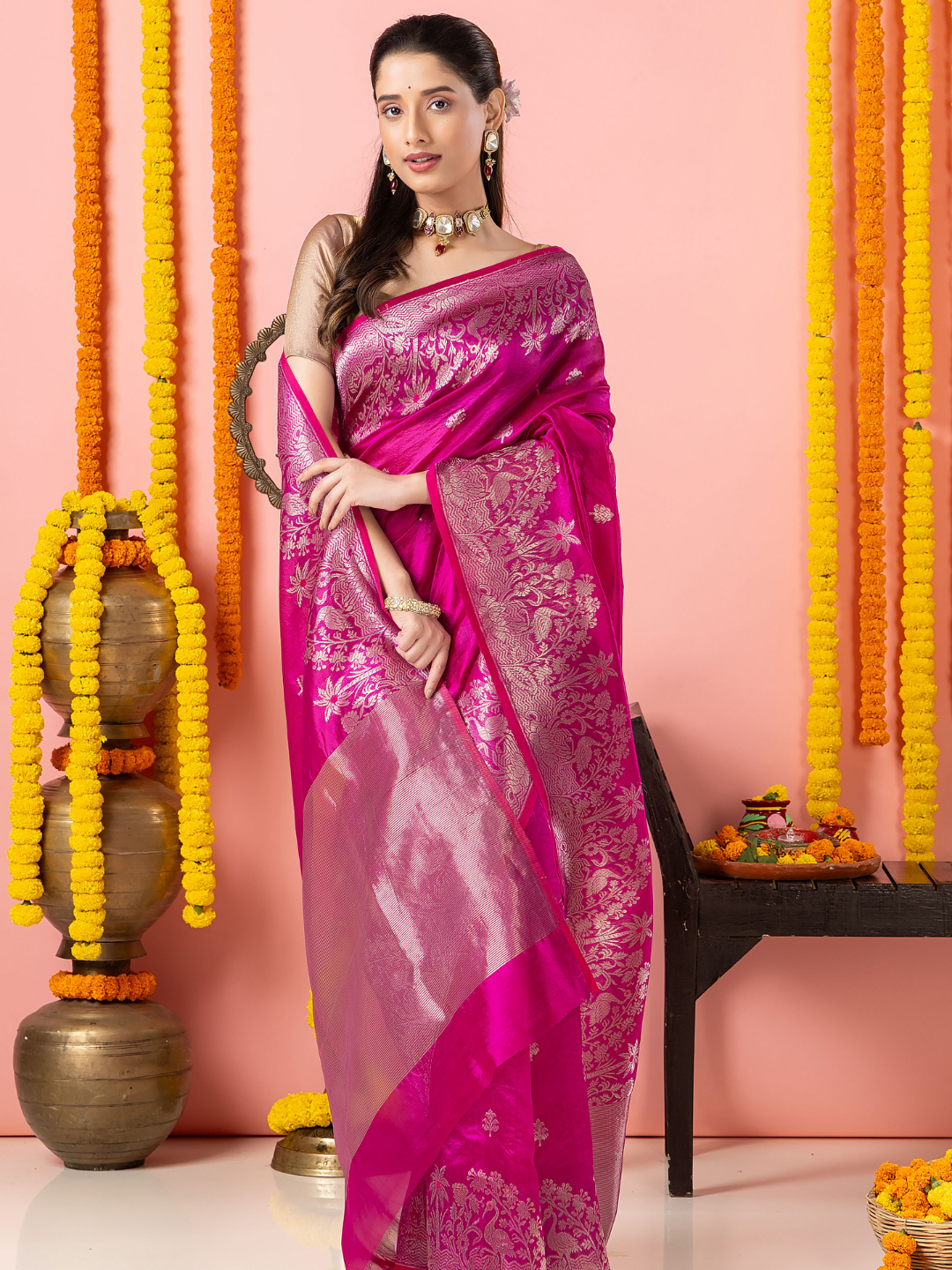 Handwoven Chanderi Silk Saree | Fuchsia And Silver