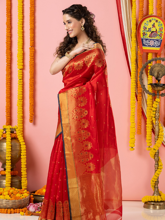 Handwoven Chanderi Silk Saree | Classic Red