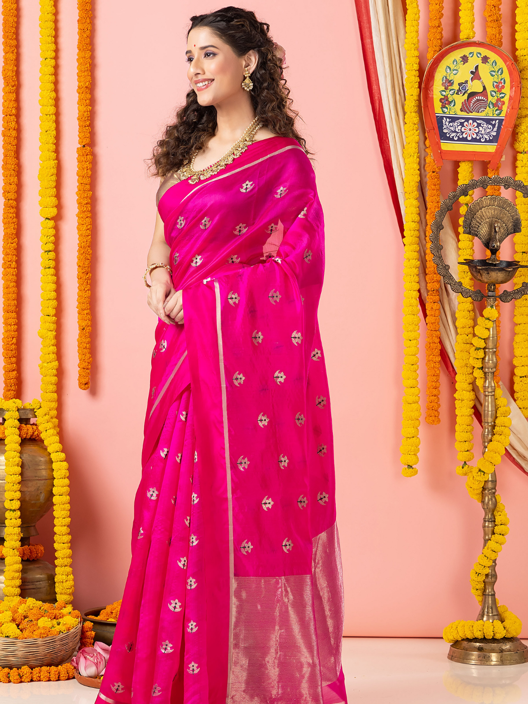 Handwoven Chanderi Silk Saree | Fuchsia Pink