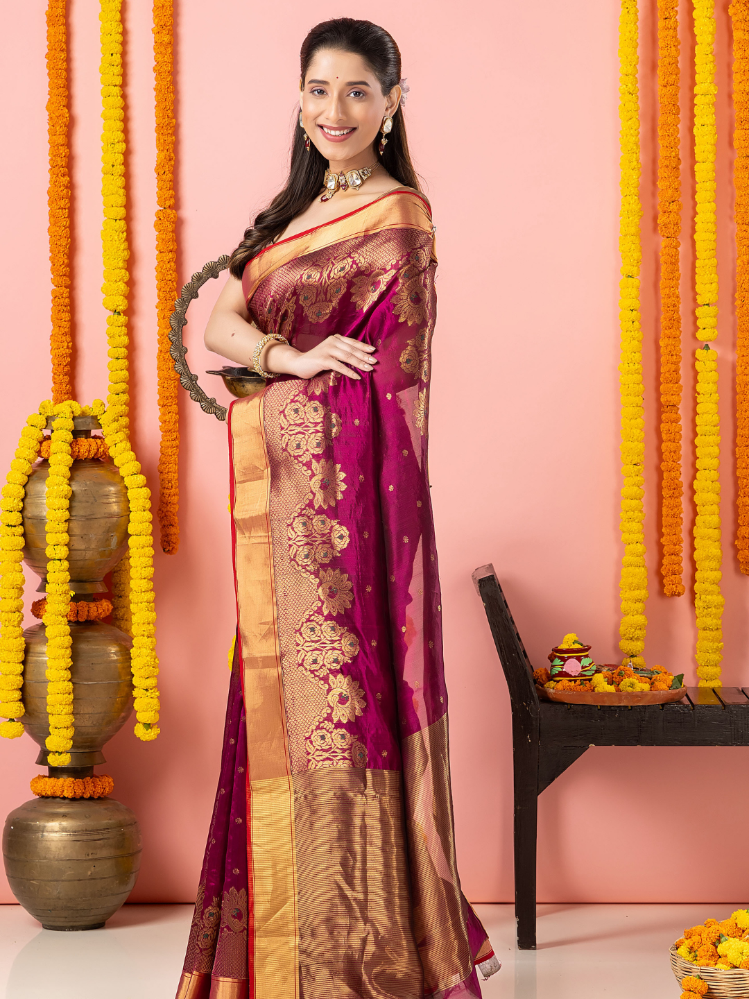 Handwoven Chanderi Silk Saree | Deep Wine