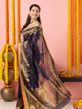 Handwoven Chanderi Silk Saree | Deep Navy Blue