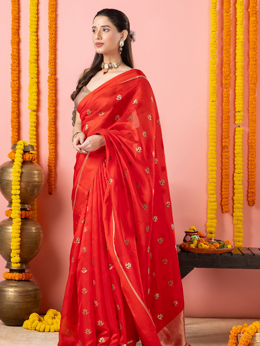 Handwoven Chanderi Silk Saree | Classic Red