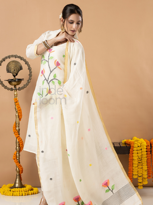 Handwoven Jamdani Cotton Unstitched 2-piece Kurti | White | All-over Jamdani weaves with Floral border