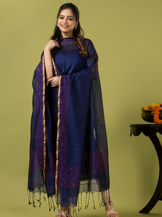 Handwoven Jamdani cotton Unstitched 2-piece Kurti | Deep Navy Blue