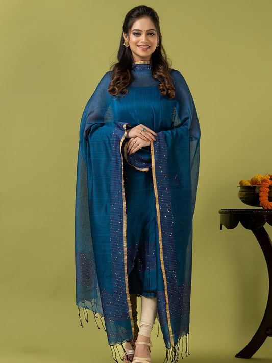 Handwoven Jamdani cotton Unstitched 2-piece Kurti | Peacock Teal Blue