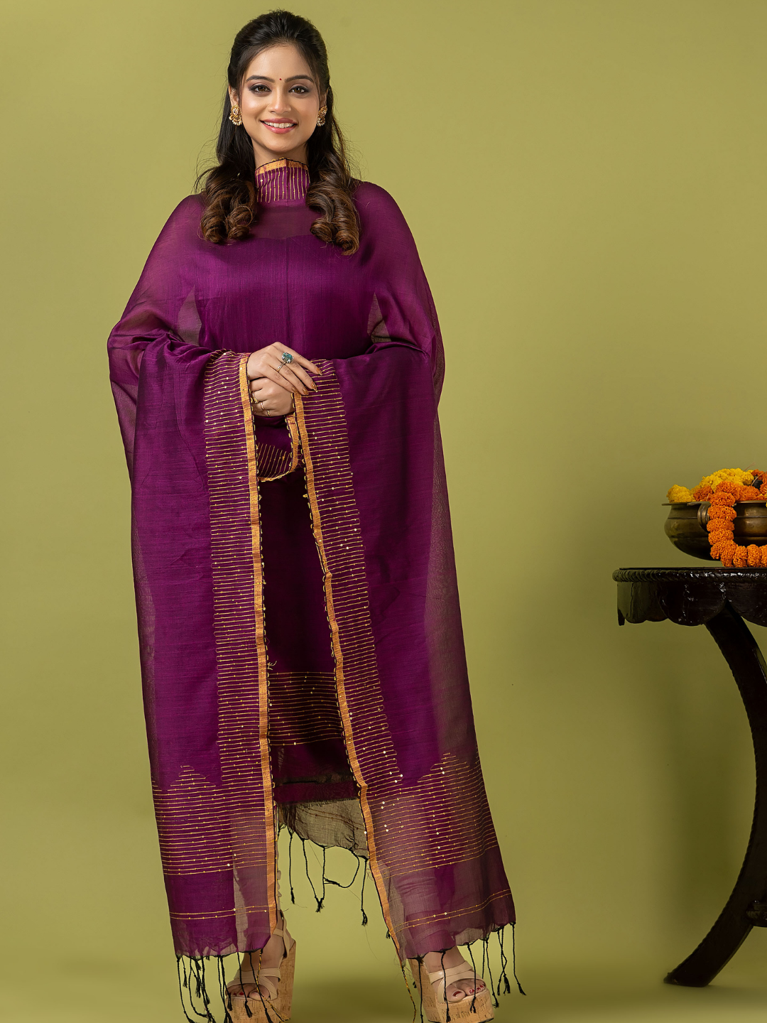 Handwoven Jamdani cotton Unstitched 2-piece Kurti | Deep Magenta Purple