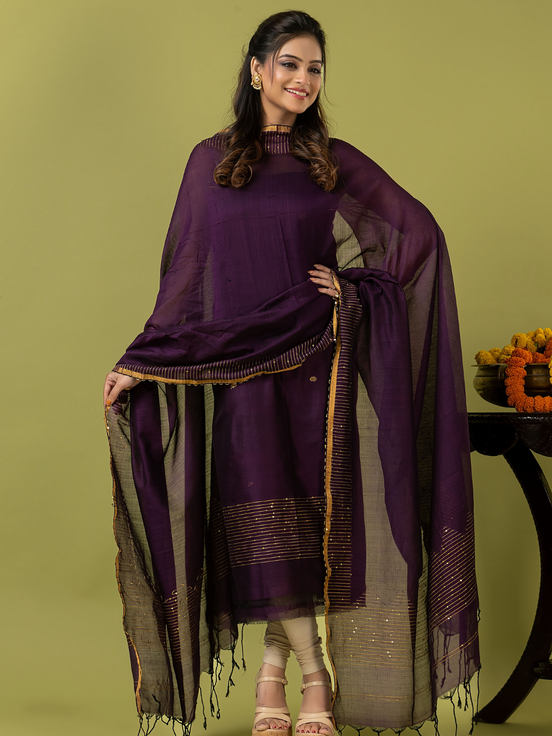 Handwoven Jamdani cotton Unstitched 2-piece Kurti | Aubergine Purple