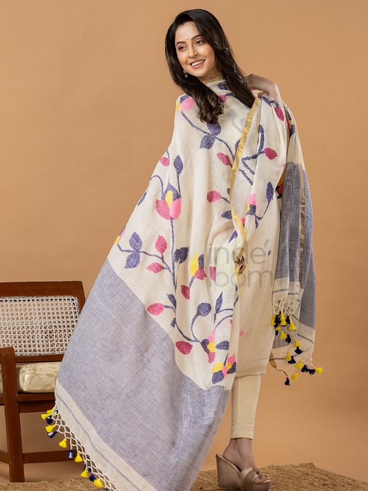 Handwoven Jamdani Linen Unstitched 2-piece Kurti | White and Denim Blue | Plain Body with Floral border